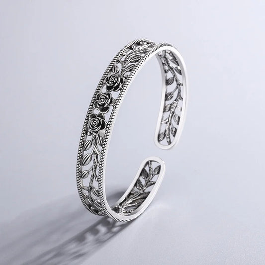 Neue Retro Rose Blatt Hohl Armbänder 925 Sterling Silber Schmuck Temperament Persönlichkeit Süße Blume Öffnung Armreifen TYB119