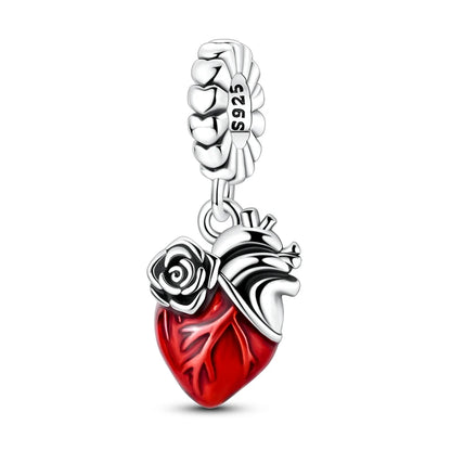 Rote Serie 925er Sterlingsilber, Koi-Herz, Pilz, Feuerwerkskörper, Kaffeemaschine, Charm, passend für DIY-Armbänder, Halsketten, exquisite lustige Geschenke