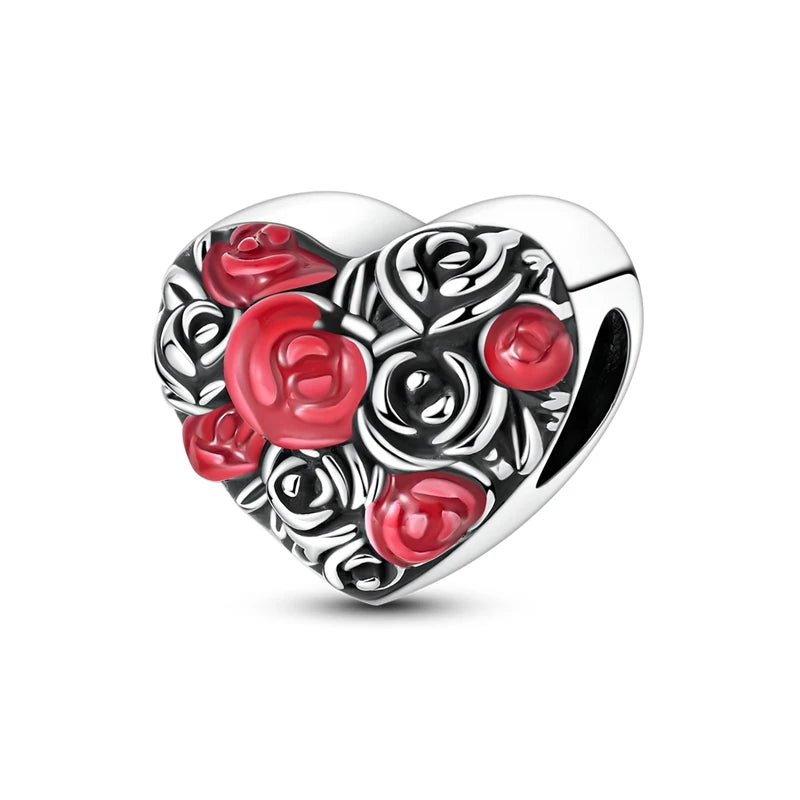Rote Serie 925er Sterlingsilber, Koi-Herz, Pilz, Feuerwerkskörper, Kaffeemaschine, Charm, passend für DIY-Armbänder, Halsketten, exquisite lustige Geschenke