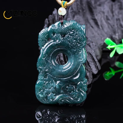 Natürlicher Jadeit, blaues Wasser, neun Drachen, Wächter-Anhänger, exquisite Eistyp-Jadeit-Halskette, festliches Geschenk für Männer und Frauen