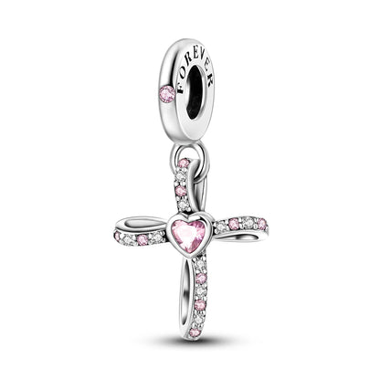 Original 925er Sterlingsilber, rosa Serie, Charms, Perlen, Schleife, Parfümflasche, herzförmiger Kreuz-Anhänger, passend für Armband, DIY-Schmuck
