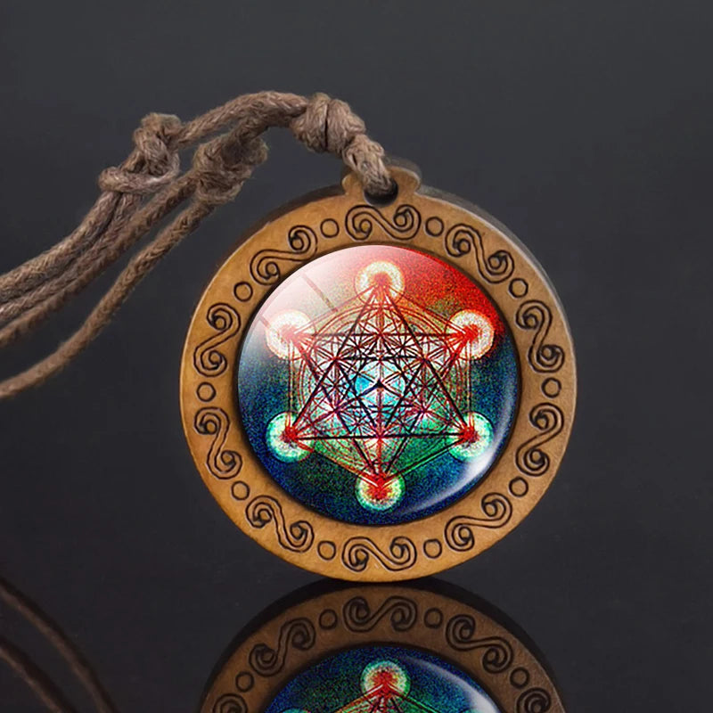 Mandala glass necklace, retro art, wooden pendant, Buddhist sacred geometry, jewelry, spiritual yoga gift