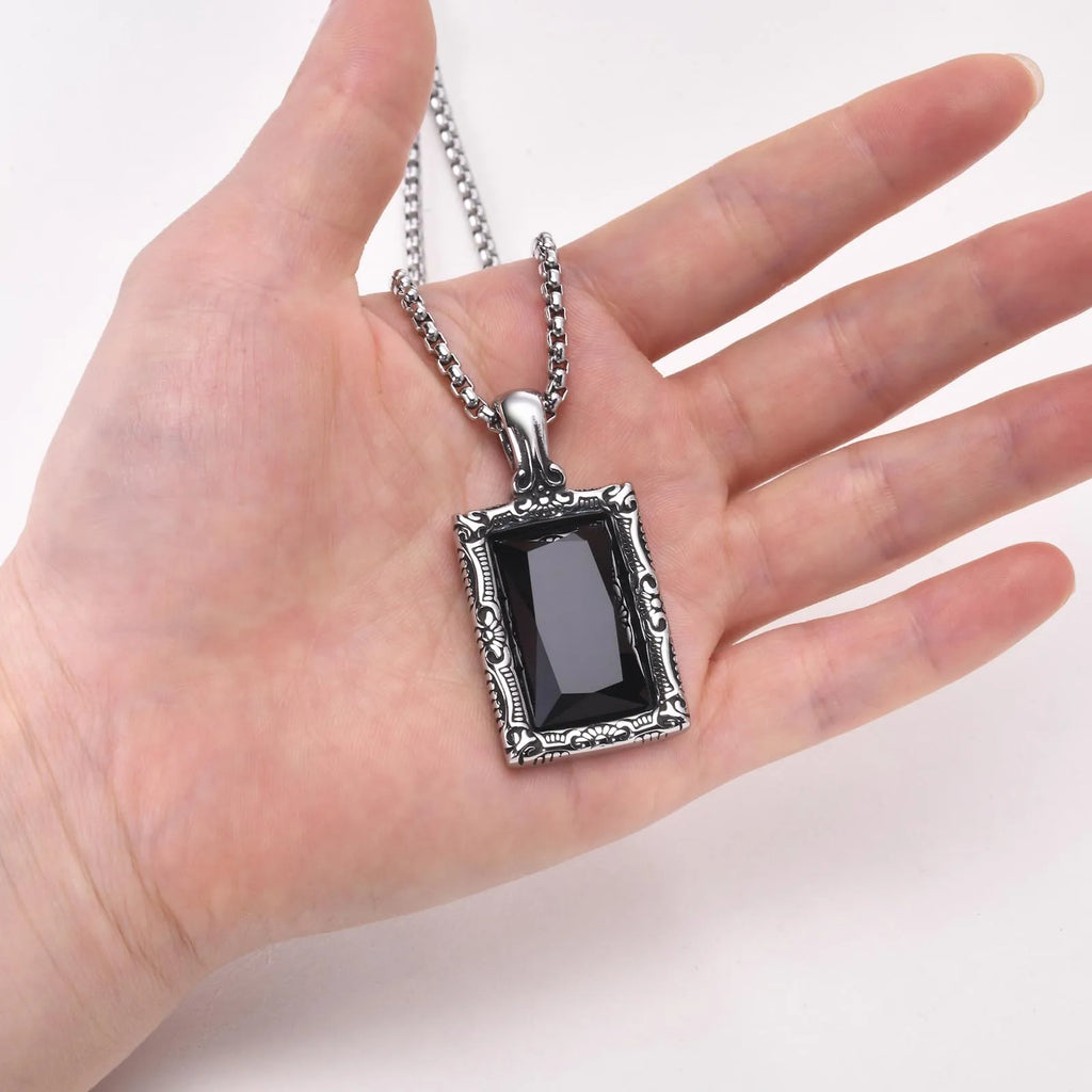 Vnox Black Square Stein Halsketten für Männer, Retro Silber Farbe Edelstahl geometrischen Anhänger Kragen mit Box Kette