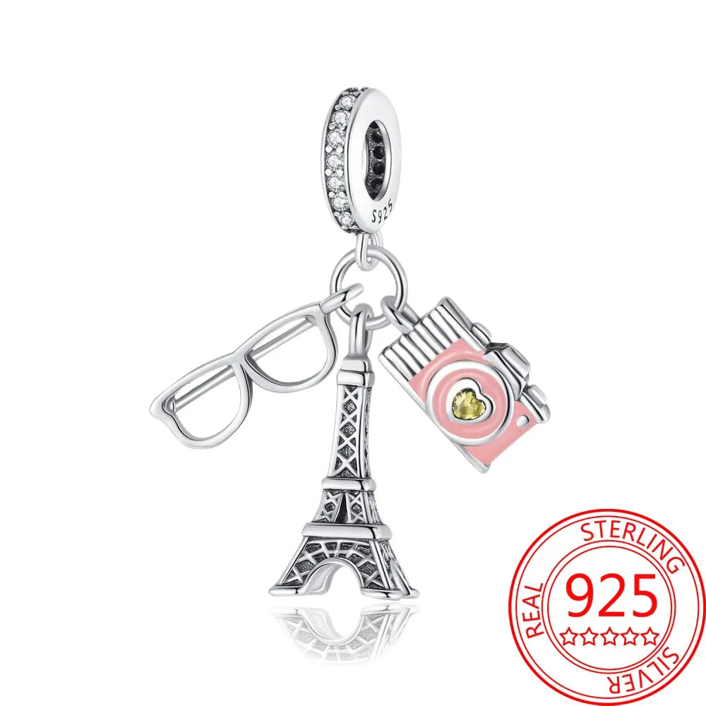Kreativer Doppel-Charm aus 925er-Sterlingsilber, Eiffelturm, goldenes Herz, passend für DLY-Armbänder, Halsketten, Damen-Dating-Schmuck-Accessoires