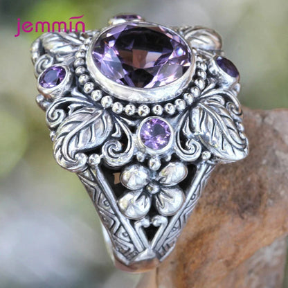 Punk-Stil, Vintage, 100 % Blume, 925er Sterlingsilber, rund, natürlicher Amethyst, Hochzeit, Verlobungsringe für Frauen, edler Schmuck