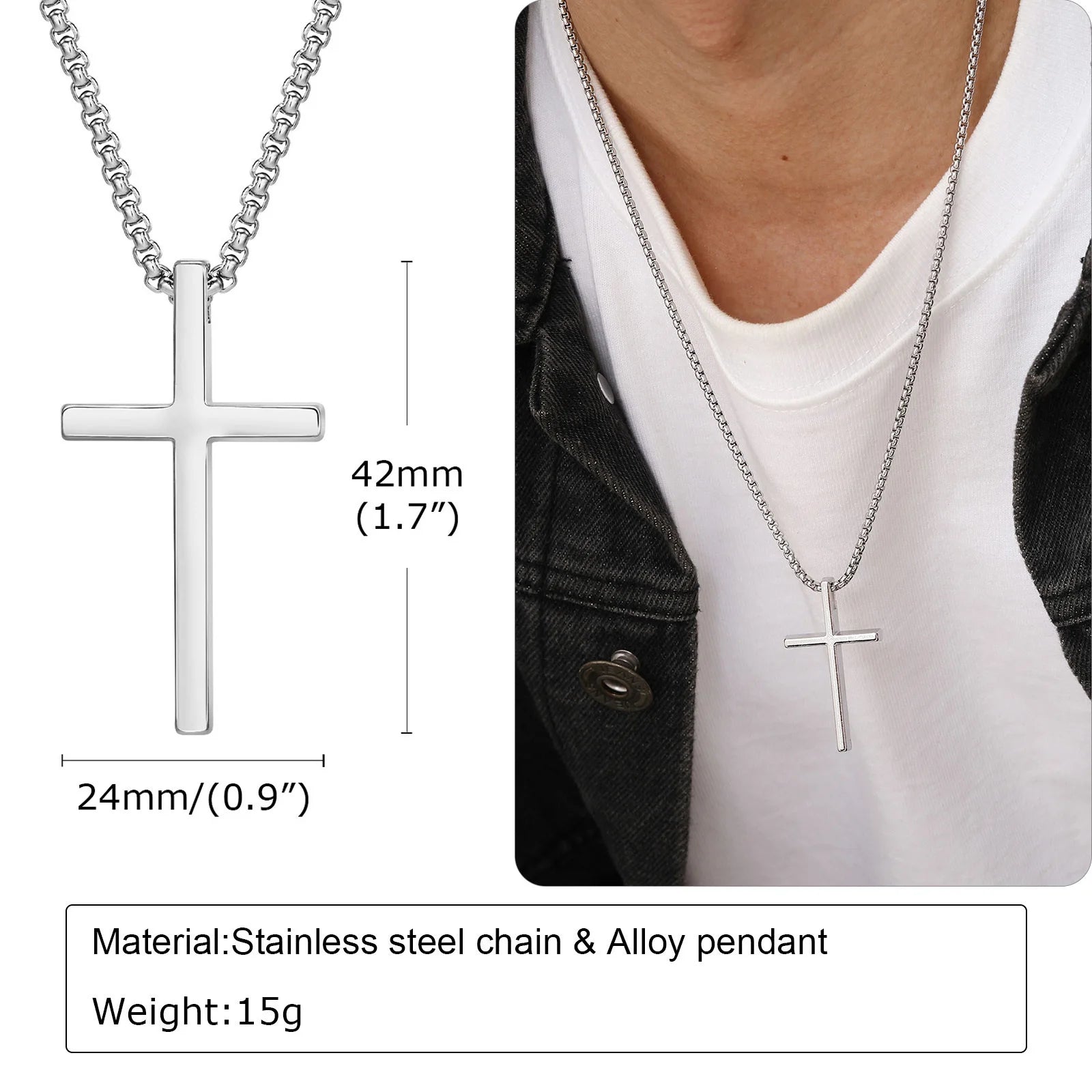 Vnox Kreuz-Halskette für Männer und Frauen, silberfarbenes, schlichtes Kreuz-Anhänger-Kragen mit Edelstahl-Kastenkette