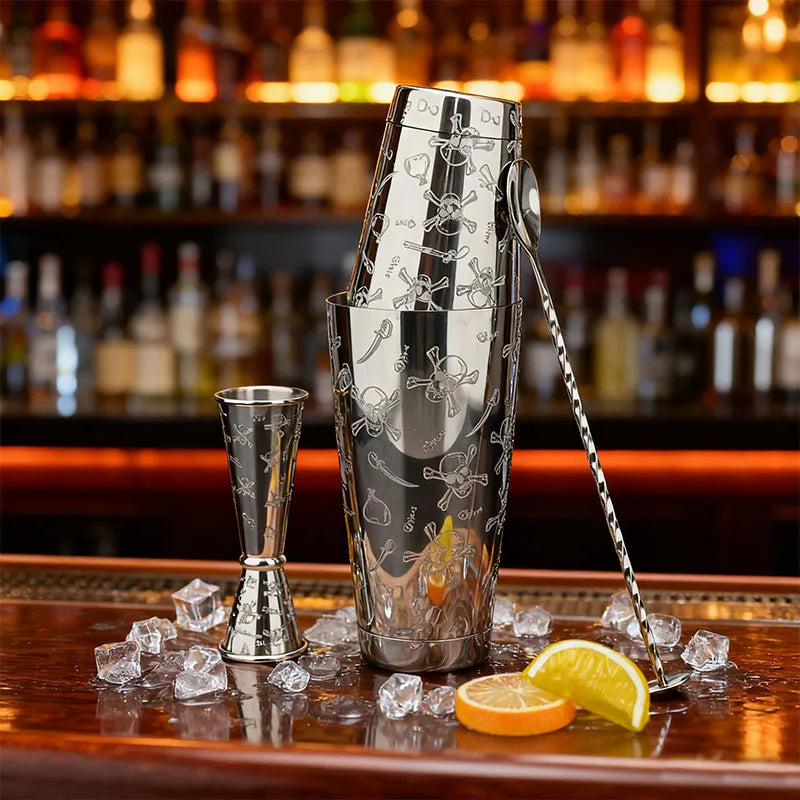 Elegantes Edelstahl Boston Cocktail Shaker Set 500/700ml+30/60ml Jigger — Graviert, Barkeeper, Barzubehör, Mixer, Professionell