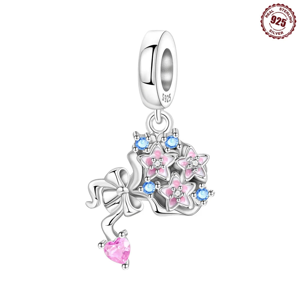 Romantische Schleifenperlen aus 925er-Sterlingsilber und herzförmiger, unendlicher baumelnder Charm, passend für Armbänder, schöne Schmuck-Accessoires, Geschenke