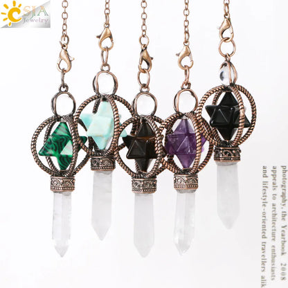 CSJA Esoterik Kristallpendel für Wünschelpen, Weissagung, Pendel, Merkaba, Naturstein-Anhänger, klarer Quarz, rote Bronze, G930