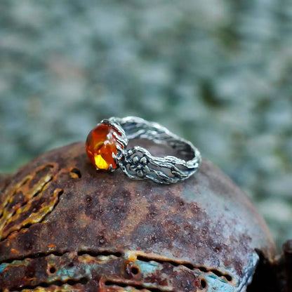 Retro hohle Blume Bernstein Stein Ring für Frauen Silber Farbe Vintage Ring Unisex Accessoires handgemachte Designer Schmuck Liebhaber Geschenk