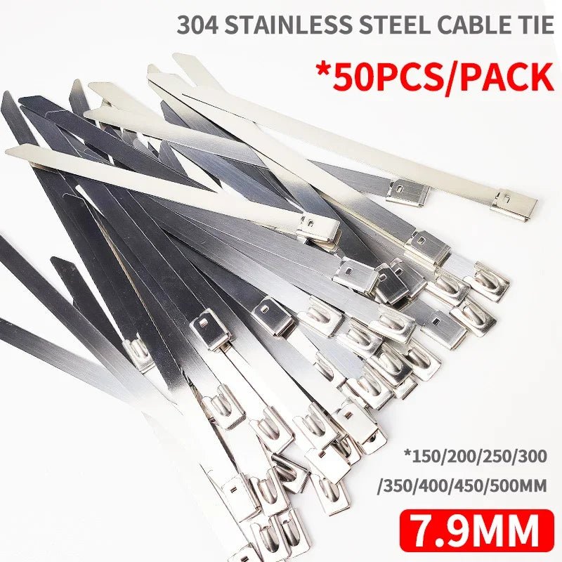 7,9 mm robuste Kabelbinder aus Edelstahl 304, selbstsichernde Metallbänder für industrielle Maschinen und elektrische Installationen