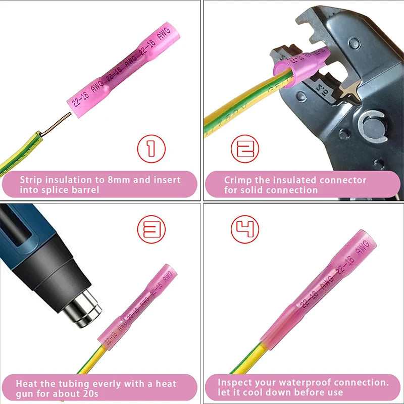 200PCS BHT1.25 Rote Schrumpfstoßdrahtverbinder 22-16 AWG Isolierte wasserdichte Crimpklemmen Stoßspleiße