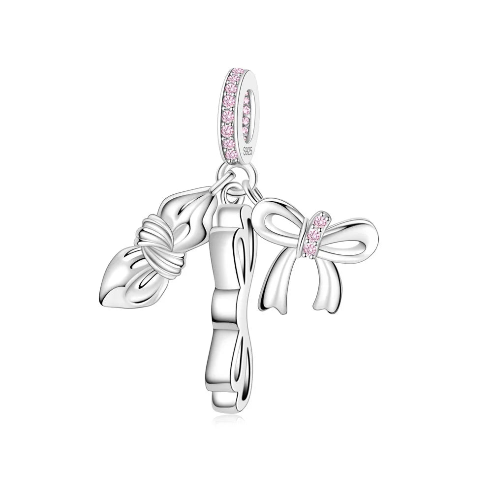 Romantische Schleifenperlen aus 925er-Sterlingsilber und herzförmiger, unendlicher baumelnder Charm, passend für Armbänder, schöne Schmuck-Accessoires, Geschenke