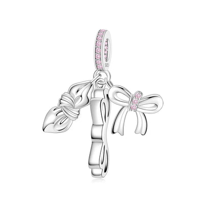 Romantische Schleifenperlen aus 925er-Sterlingsilber und herzförmiger, unendlicher baumelnder Charm, passend für Armbänder, schöne Schmuck-Accessoires, Geschenke