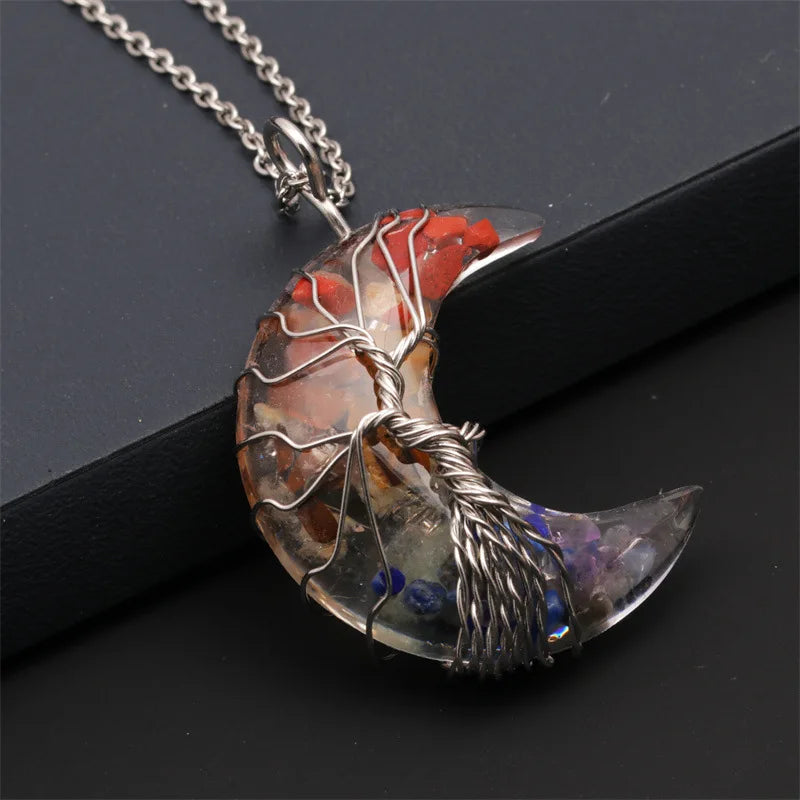 Natürliche Kristall Mond Anhänger Halskette Baum des Lebens Amethyst Reiki poliert Mineral Schmuck Heilstein für Männer Frauen Schmuck