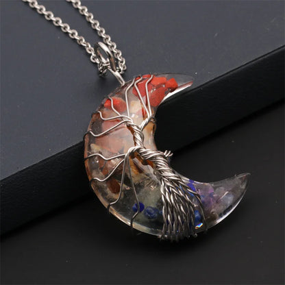 Natürliche Kristall Mond Anhänger Halskette Baum des Lebens Amethyst Reiki poliert Mineral Schmuck Heilstein für Männer Frauen Schmuck