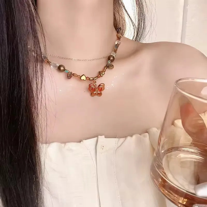 Mode Retro Perlen Schmetterling Metall Y2K Sun Star Opal Anhänger Kette Choker Halskette Für Frauen Böhmen Charme Schmuck Zubehör