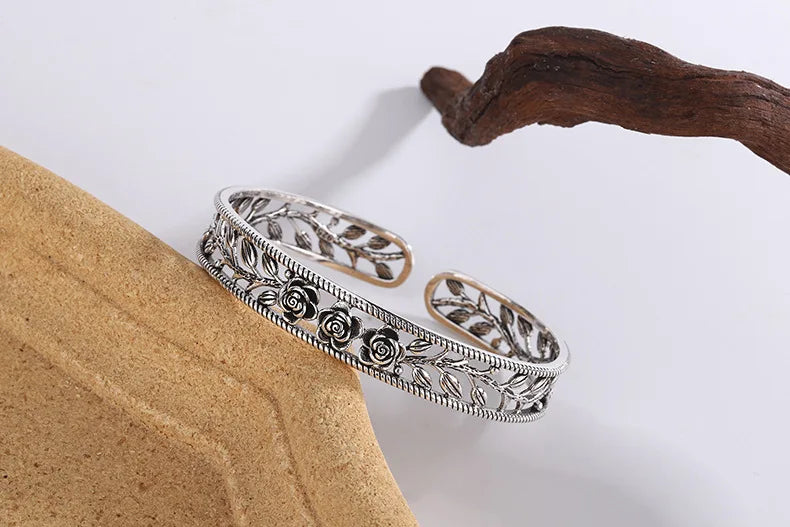 Neue Retro Rose Blatt Hohl Armbänder 925 Sterling Silber Schmuck Temperament Persönlichkeit Süße Blume Öffnung Armreifen TYB119