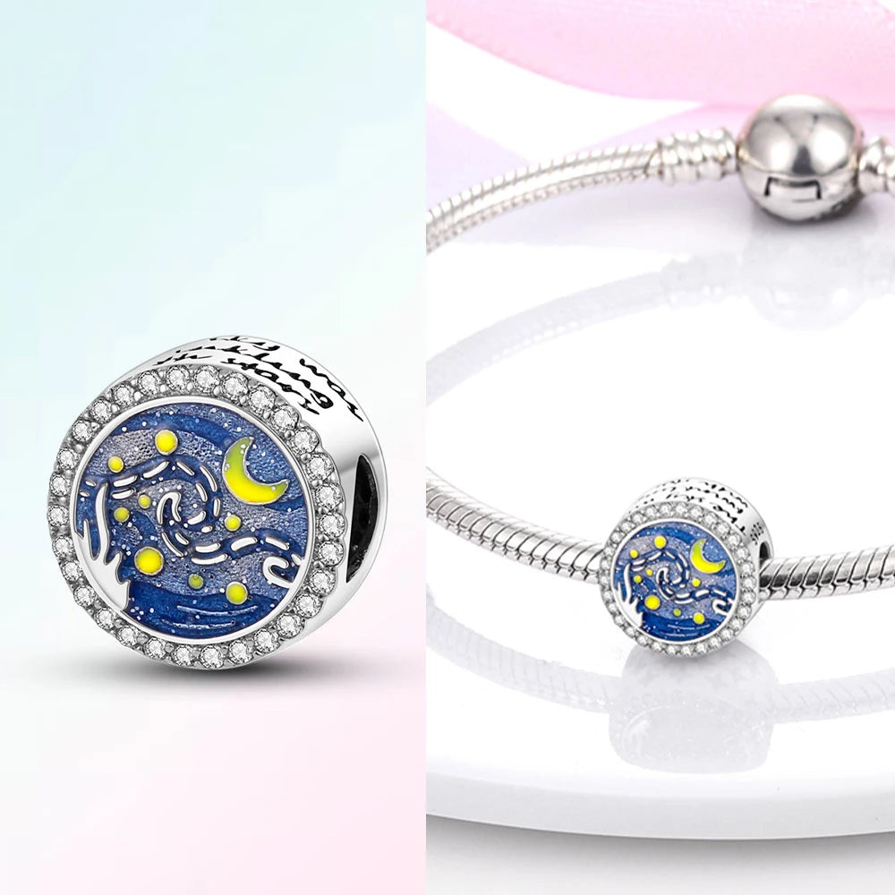 Original 925 Silber Lila Romantische Sternenplanet Perlen Halskette Charms Perlen Fit Armband Frauen Diy Zubehör Feines Geschenk