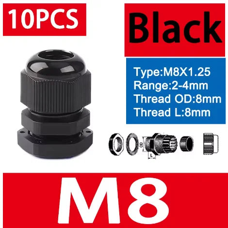 10 Stück wasserdichte Kabelverschraubungen M8-M40, schwarze Kunststoff-Dichtungsverbindungen, IP68, Nylon-Stecker, Gummi-Kabelverschraubung für verschiedene Größen
