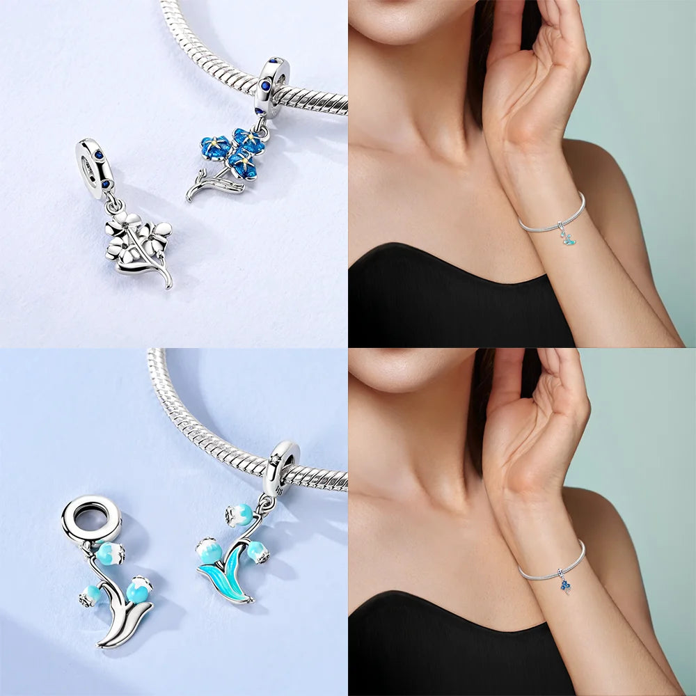 Charms aus 925er Silber, Blumenserie, lila Iris, Lilie, rosa Lilie, Perlen-Anhänger, passend für Original-Armbänder, Modeschmuck, DIY-Frauen-Geschenke