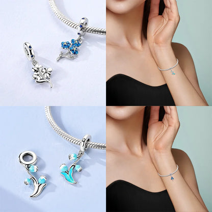 Charms aus 925er Silber, Blumenserie, lila Iris, Lilie, rosa Lilie, Perlen-Anhänger, passend für Original-Armbänder, Modeschmuck, DIY-Frauen-Geschenke