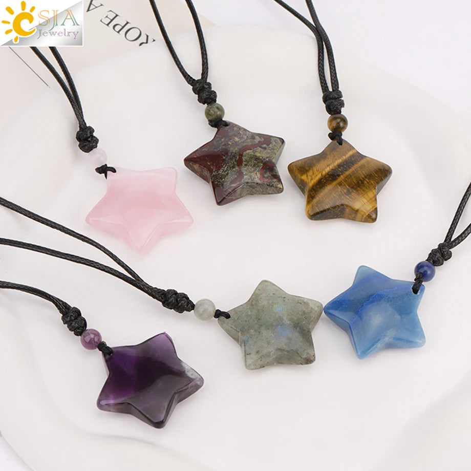 Heilende Stern Kristall Halskette Naturstein Anhänger Tigerauge Amethyst Rosenquarz Schwarz Obsidian Halsketten für Männer Frauen H301