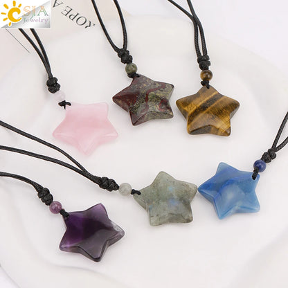 Heilende Stern Kristall Halskette Naturstein Anhänger Tigerauge Amethyst Rosenquarz Schwarz Obsidian Halsketten für Männer Frauen H301