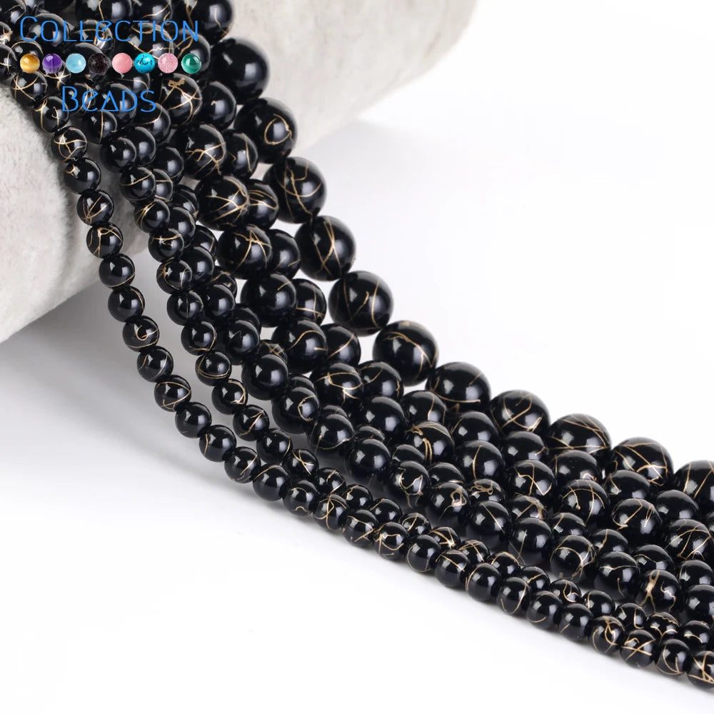 Natürliche Stein Perlen 6 8 10 12mm Schwarz Gold Farbe Linie Achate Runde Perlen Für Schmuck Machen DIY handgemachte Armband Halskette 15''