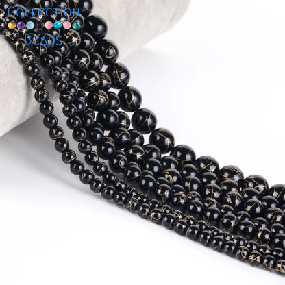 Natürliche Stein Perlen 6 8 10 12mm Schwarz Gold Farbe Linie Achate Runde Perlen Für Schmuck Machen DIY handgemachte Armband Halskette 15''