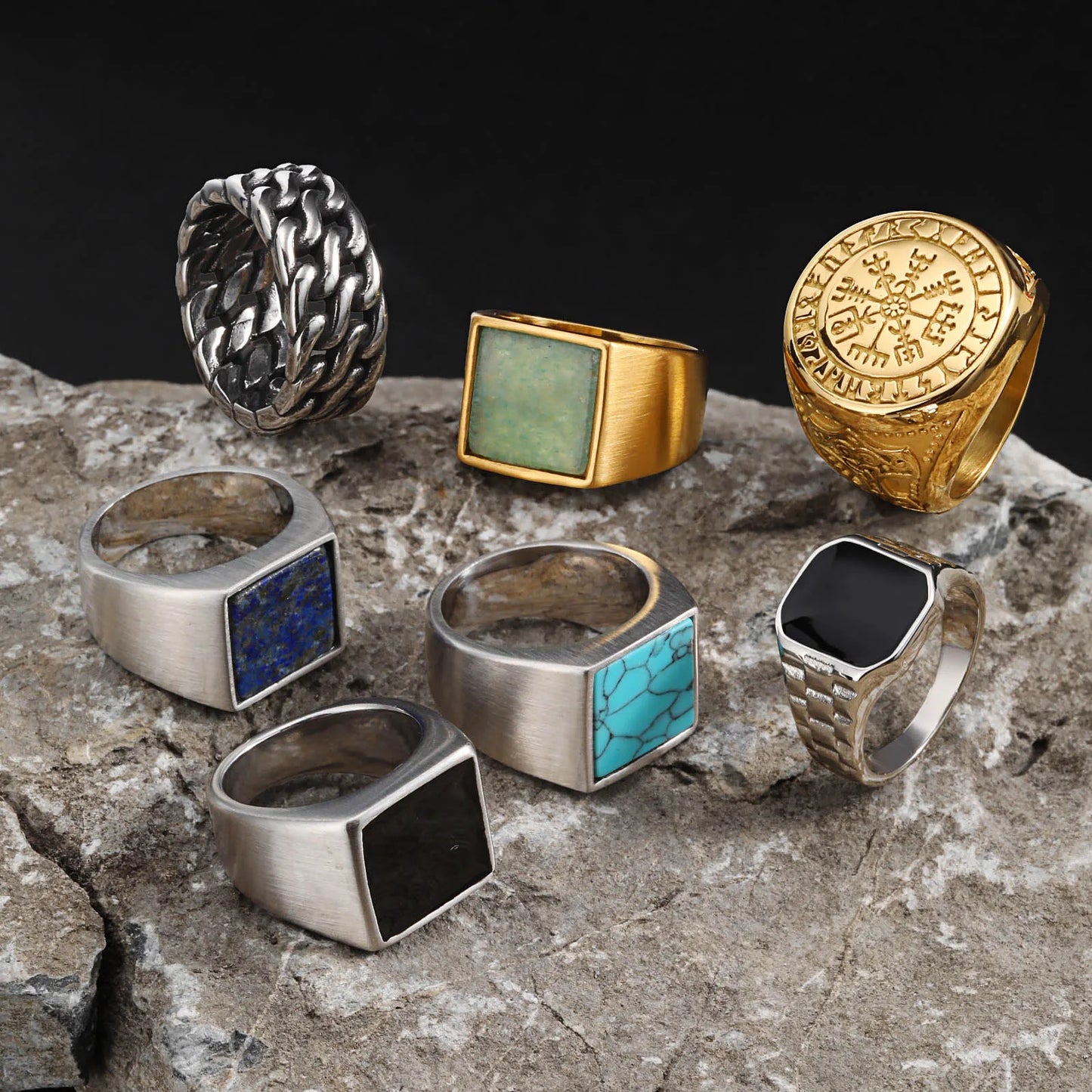 Coole Punk-Vintage-Natursteinringe für Männer, geometrische Siegelringe aus Edelstahl, stilvoller Retro-Ethno-Fingerschmuck als Geschenk