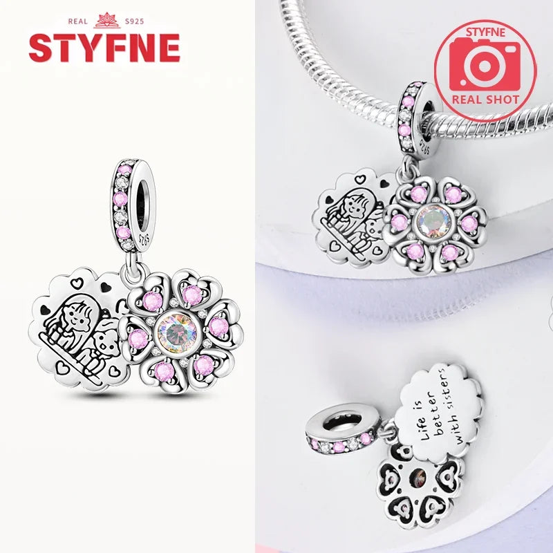 Sterling Silber S925 Schwestern auf der Schaukel Charms Herz Bead Fit Original Armband Armreif DIY Feines Geschenk Schmuck für Frauen