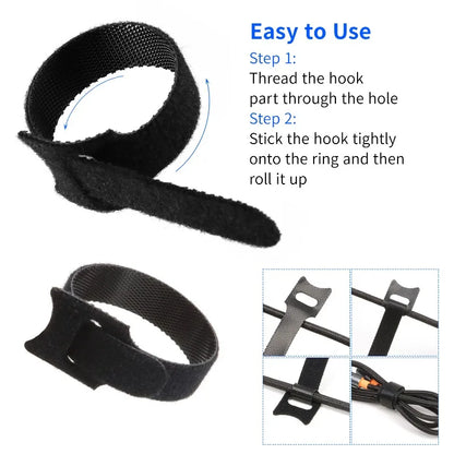 20 Stück schwarze Klettverschlussbänder, Kabelbinder, Kabelriemen, Nylon-Kabelbinder, Kabelorganisator, wiederverwendbares Befestigungsband