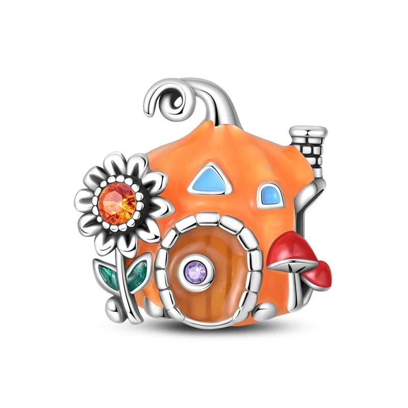 Kürbishaus-Perlen und Kuchen-Donut-Herzform aus 925er-Sterlingsilber, dreifach baumelnder Charm, passend für Armbänder, goldene orangefarbene Anhänger-Geschenke