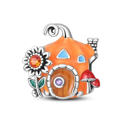 Kürbishaus-Perlen und Kuchen-Donut-Herzform aus 925er-Sterlingsilber, dreifach baumelnder Charm, passend für Armbänder, goldene orangefarbene Anhänger-Geschenke