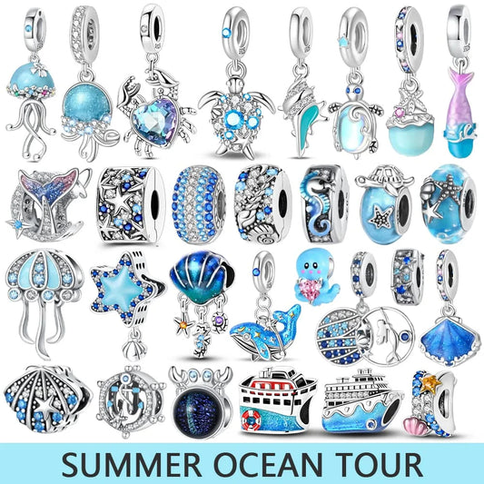 Charms-Anhänger aus 925er-Sterlingsilber mit blauen Ozean-Serie, passend für das DIY-Armband der Marke, Damenschmuck, Geschenke für Freundin