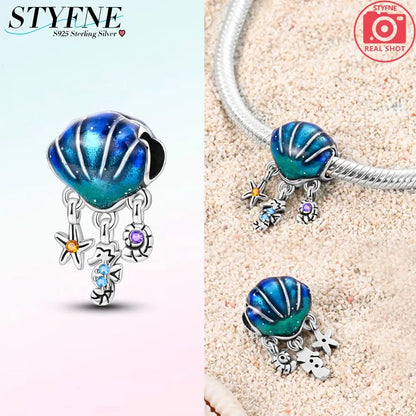 Charms aus 925er-Sterlingsilber, Perlen-Anhänger, Muschel, Delfin, Hippocampus, blauer Charm für Damen, Armband, Schmuck, Geschenk