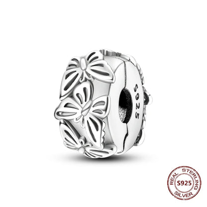 Lucky Clover Clip Charms 925 Sterling Silber Original Black Cat Stopper Clamp Silikon Spacer Charm für DIY Schmuck Armband