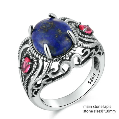Silber S925 Ring Natürliche Große Oval Lapis Ringe für Männer Frauen Retro Luxus Edlen Schmuck Party Jahrestag Geschenk