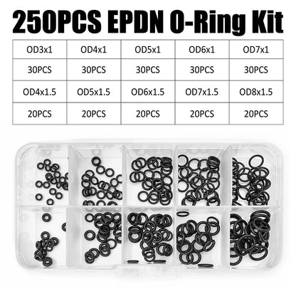 250 Stück EPDM-O-Ringe im Karton, CS1/1,5 mm, Außendurchmesser 3/4/5/6/7/8 mm, säure- und alkalibeständige, wasserdichte Dichtungen für die Reparatur von Maschinen und Ventilen