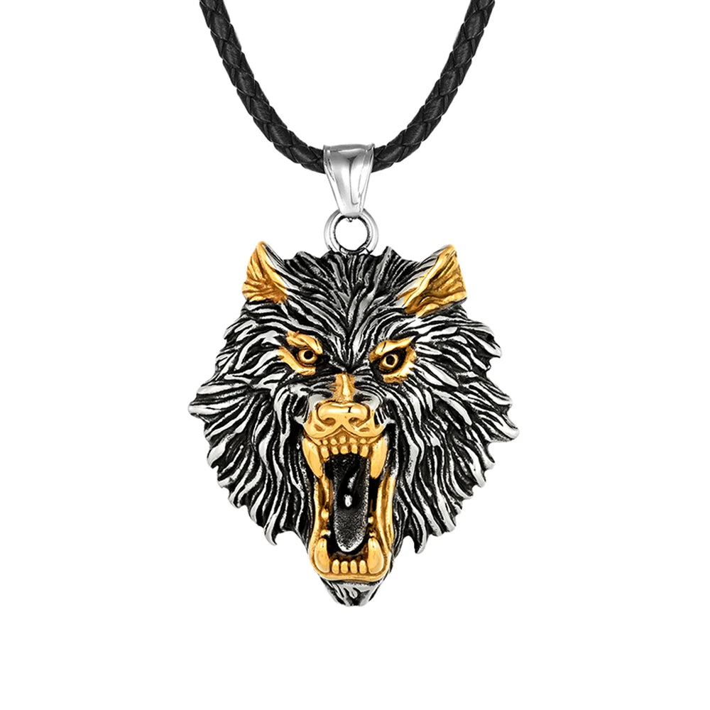 Punk Vikings Wolf Head Necklaces Stainless Steel Vintage Nordic Odin's Wolf Pendant Amulet Men Charm Genuine Leather Rope Jewelry