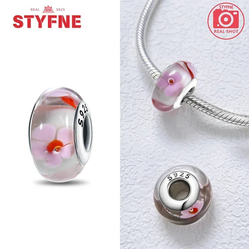 Echtes Sterlingsilber 925, Blumen-Charms, Glas, neue Original-Perle, bunt, Murano, passend für Original-Armbänder, DIY für Frauen, Schmuck, Geschenke