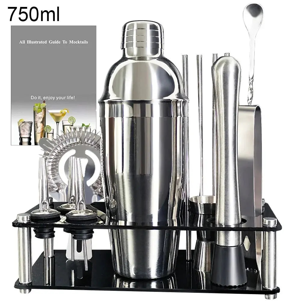 13-teiliges 750 ml 600 ml Cocktail-Shaker-Set, Bar-Werkzeuge aus Edelstahl mit schwarzem Ständer, 750 ml Shaker, Jigger, Löffel, Ausgießer