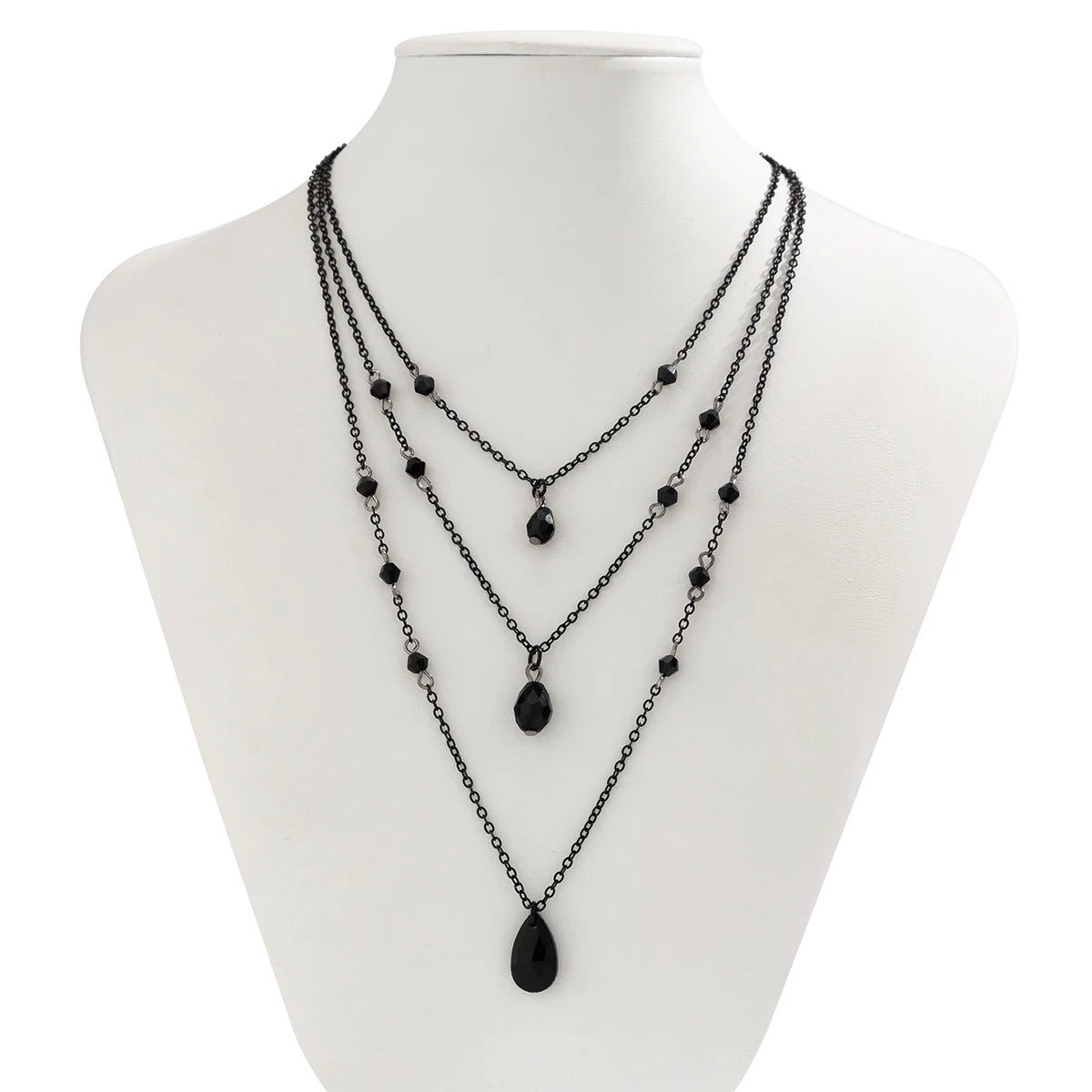 IngeSight.Z Gothic mehrschichtiges schwarzes Tropfen-Kristall-Anhänger-Halsketten-Set für Frauen, Vintage-Gliederkette aus schwarzem Metall, Halsband
