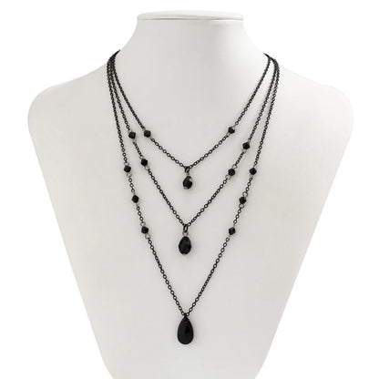 IngeSight.Z Gothic mehrschichtiges schwarzes Tropfen-Kristall-Anhänger-Halsketten-Set für Frauen, Vintage-Gliederkette aus schwarzem Metall, Halsband