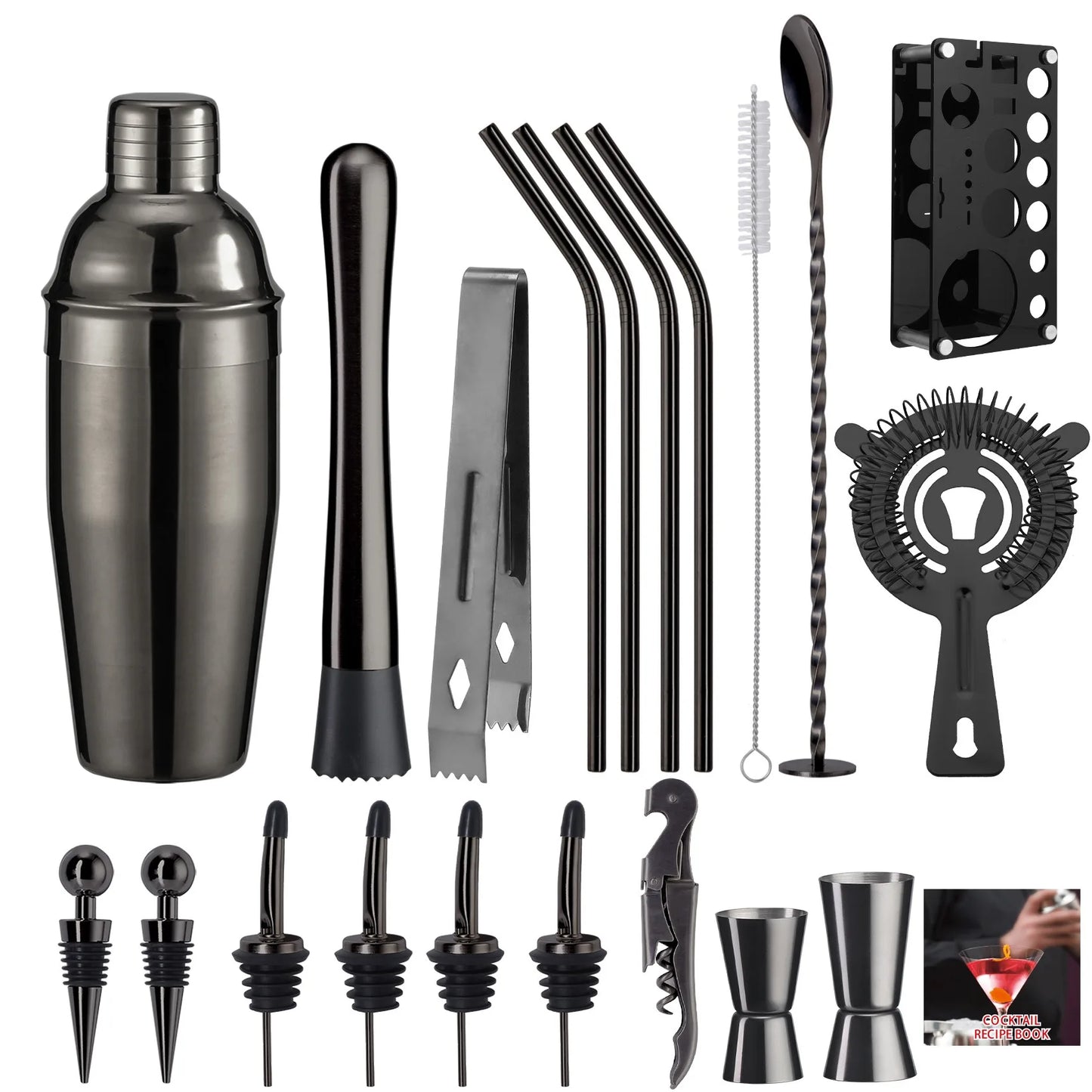 Cocktail-Shaker-Set, 20-teilig, Barkeeper-Set mit Ständer, Mixologie-Bar-Set, Getränkemixer-Set mit unverzichtbarem Zubehör, Werkzeug, Rezept-Broschüre