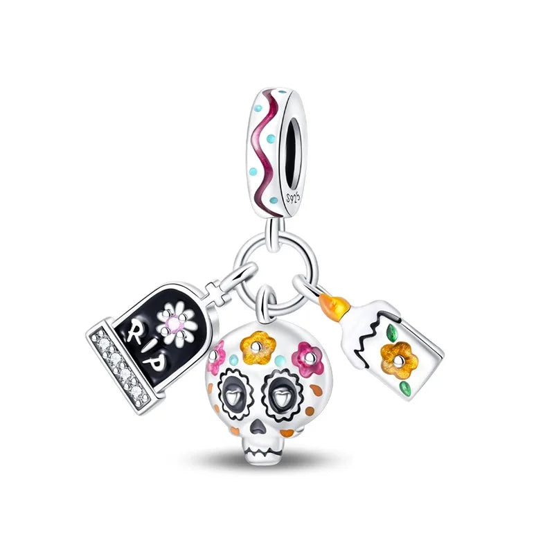 Atemberaubender Geisterrosen-Perlen aus 925er-Sterlingsilber und Spinnen-Seidenschädel-Anhänger, passend für Armbänder, Halloween-Anhänger, Accessoires, Geschenke