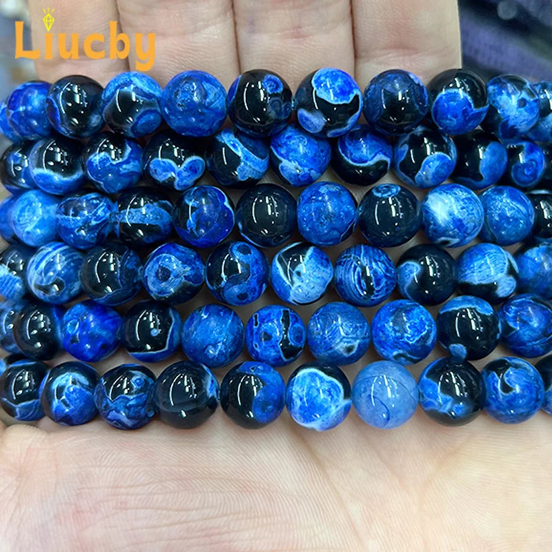 Naturstein Dunkelblaue Feuerachate Edelsteinperlen für Schmuckherstellung DIY Damenohrringe Zubehör 15" Großhandel 6/8/10mm