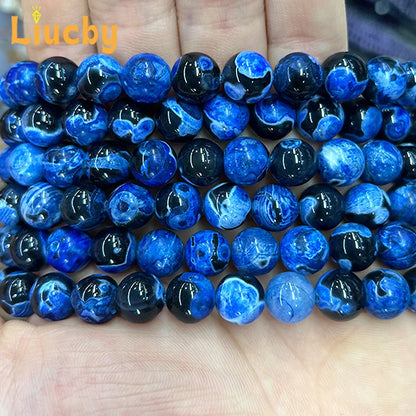 Naturstein Dunkelblaue Feuerachate Edelsteinperlen für Schmuckherstellung DIY Damenohrringe Zubehör 15" Großhandel 6/8/10mm