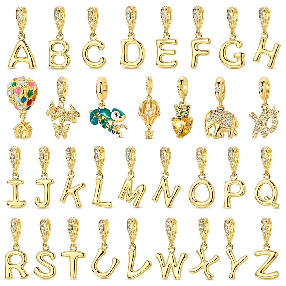 Golden Series Funkelnder Elefanten-Anhänger aus 925er-Sterlingsilber und 26 englische Alphabet-Anhänger, passend für Armbänder, exquisites Geschenk